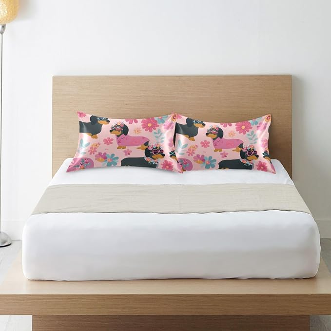 Cute Dachshunds Flowers Pink