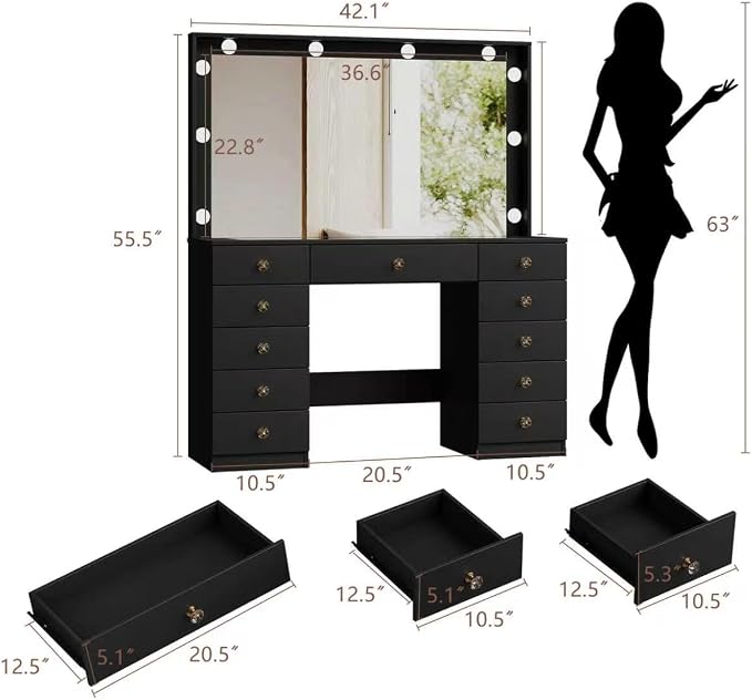 Black With Large Mirror & 11 Drawers