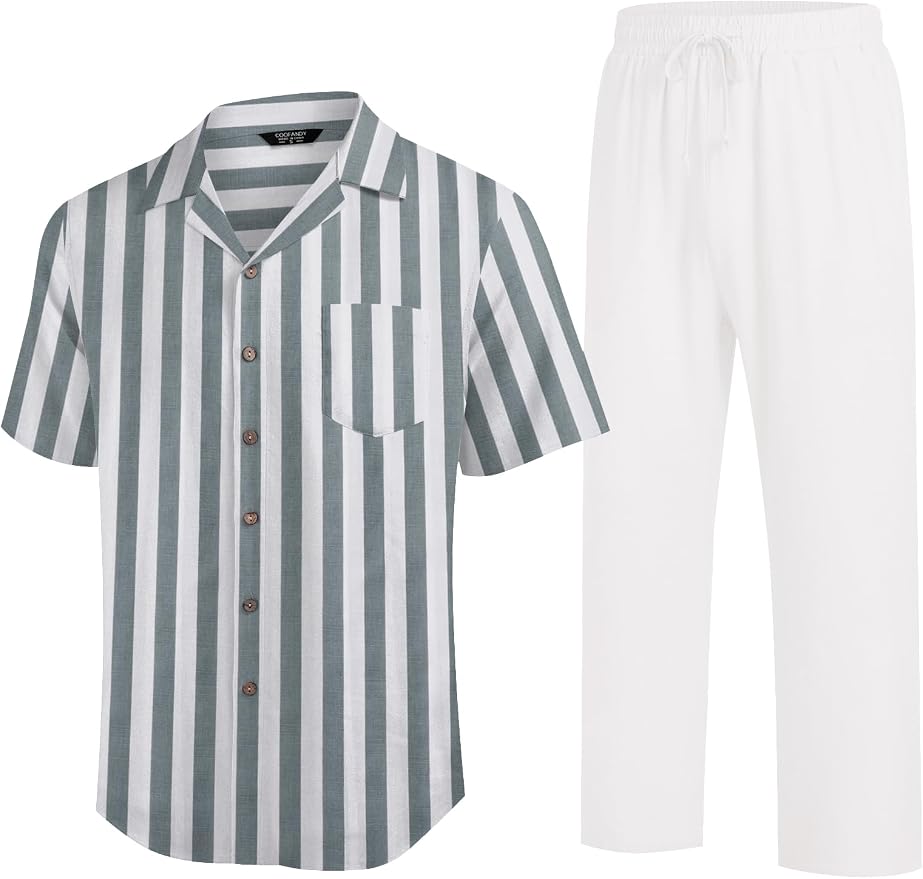 Grey Green Stripes Shirt/White Pants