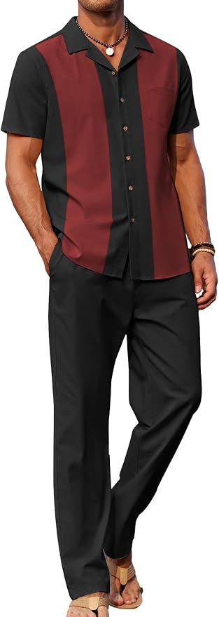 Black Patchwork Wine Red Shirt/Black Pants