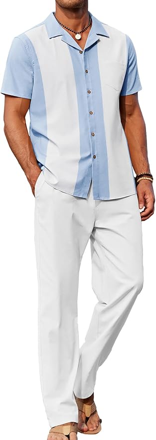 Light Blue Patchwork White Shirt/White Pants