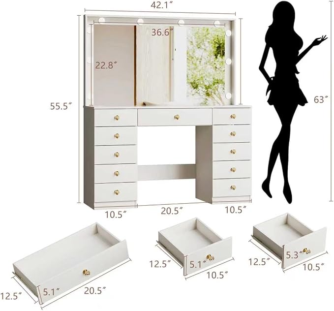 White With Large Mirror & 11 Drawers