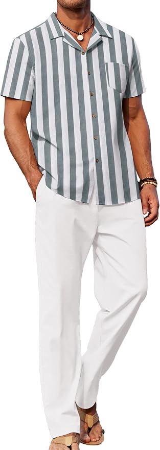 Grey Green Stripes Shirt/White Pants