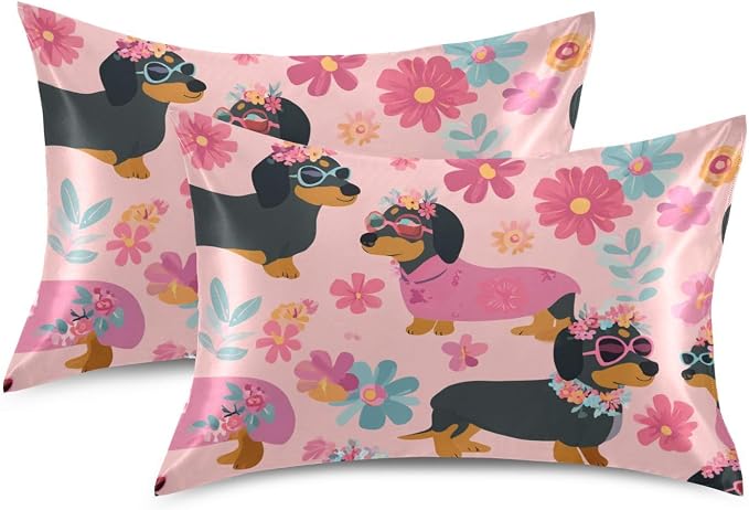 Cute Dachshunds Flowers Pink