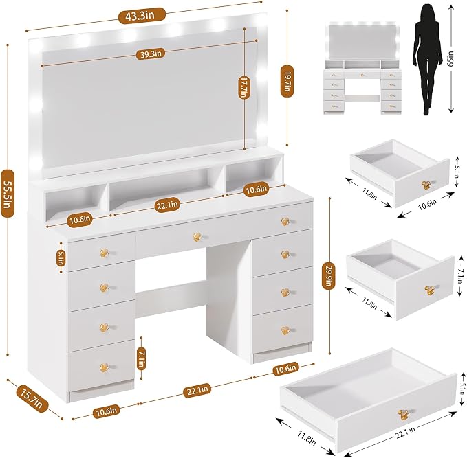 White With 9 Drawers & Large Mirror