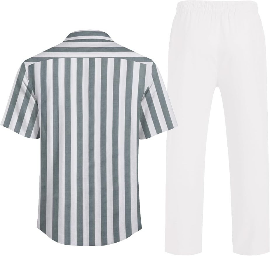 Grey Green Stripes Shirt/White Pants