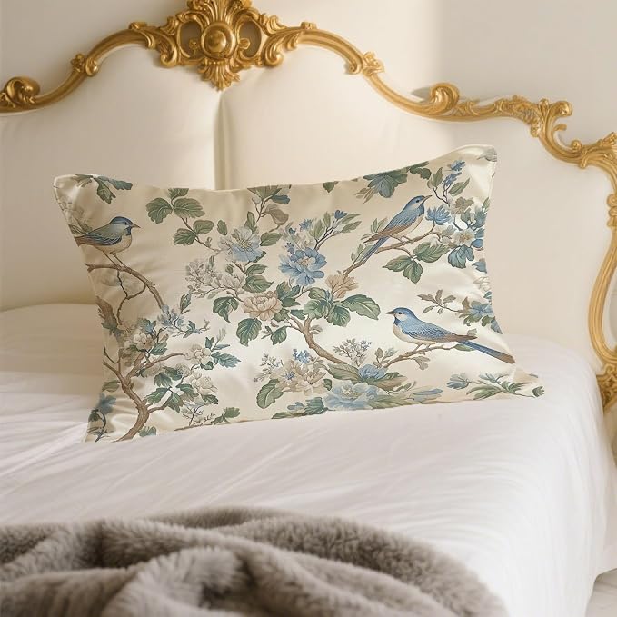Abstract Blue Beige Floral and Bird