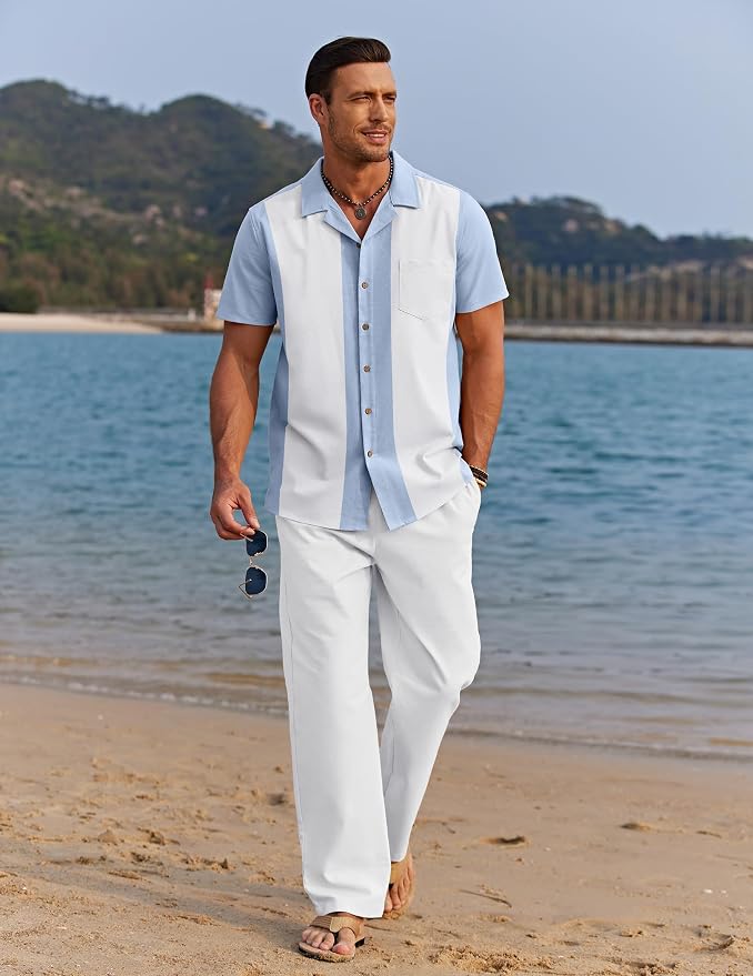 Light Blue Patchwork White Shirt/White Pants
