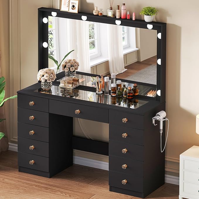 Black With Large Mirror & 11 Drawers