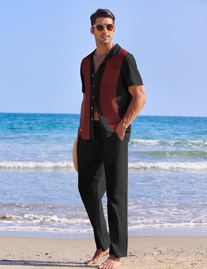 Black Patchwork Wine Red Shirt/Black Pants
