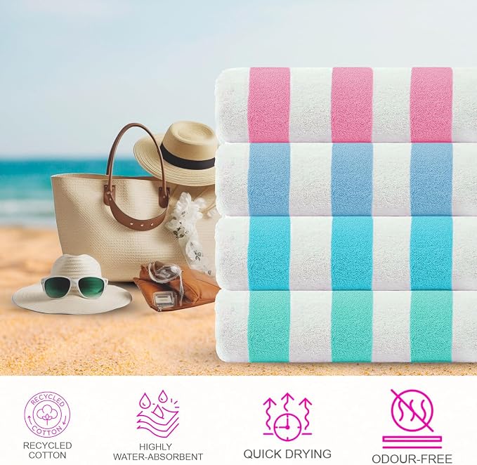 Cabana Beach Towel 4 Pieces, Pink, Sky Blue, Water Blue, Teal