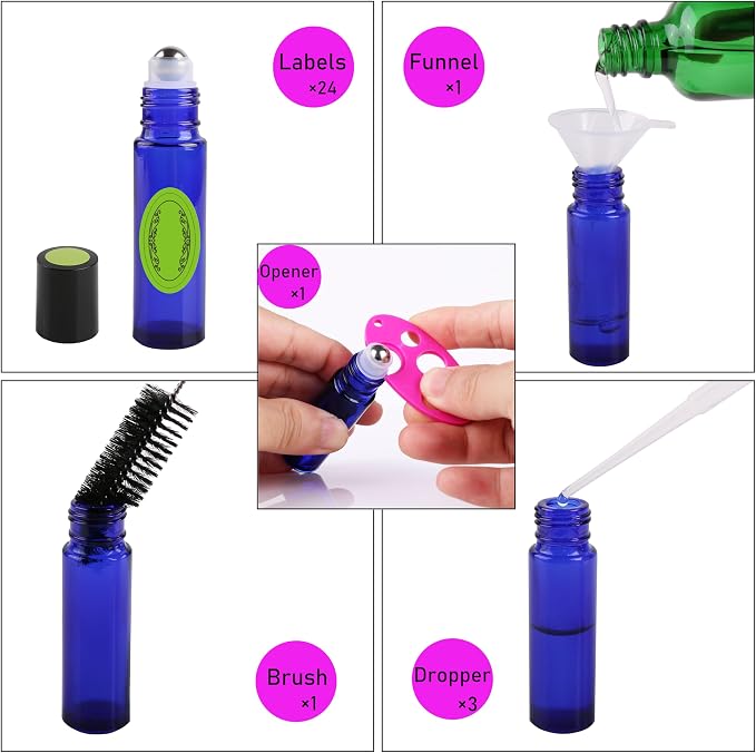24 PACK Cobalt Blue Roller Bottles