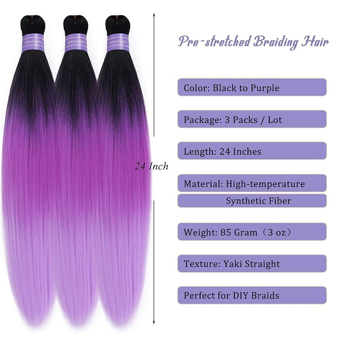 Black to Purple Braiding Hair Pre Stretched