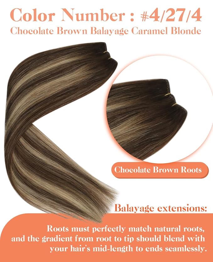 B-#4/4/27-Chocolate Brown Balayage Caramel Blonde