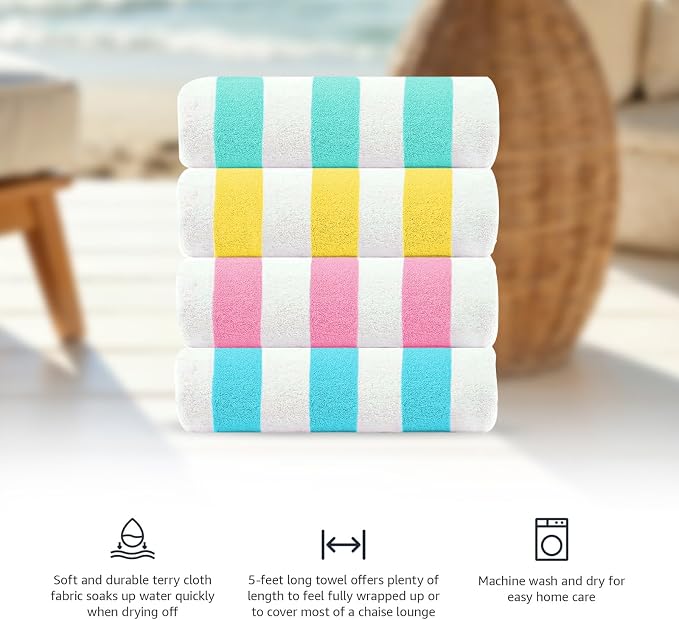 Cabana Beach Towel 4 Pieces, Teal, Lemon, Pink, Water Blue