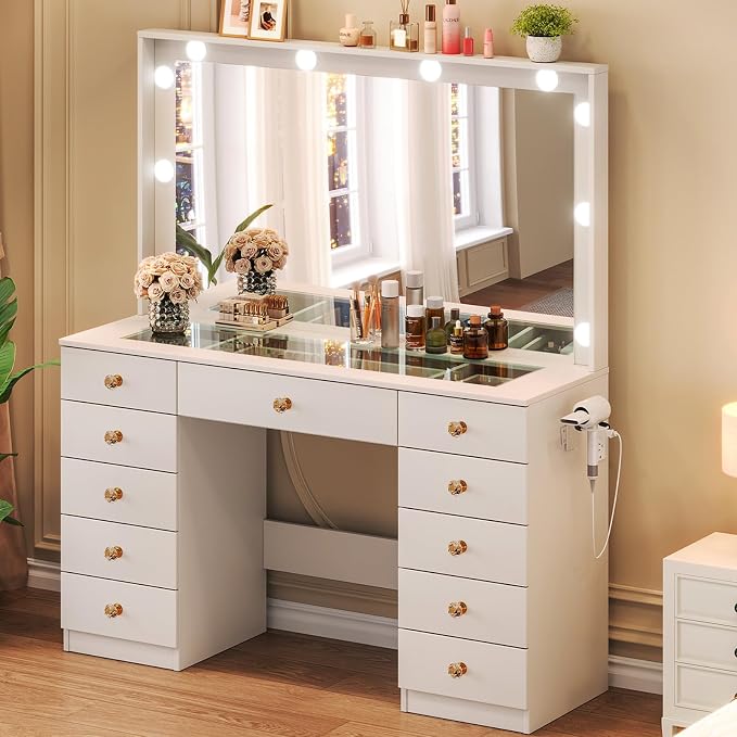 White With Large Mirror & 11 Drawers