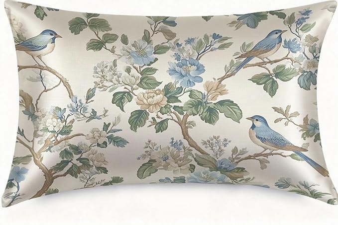 Abstract Blue Beige Floral and Bird