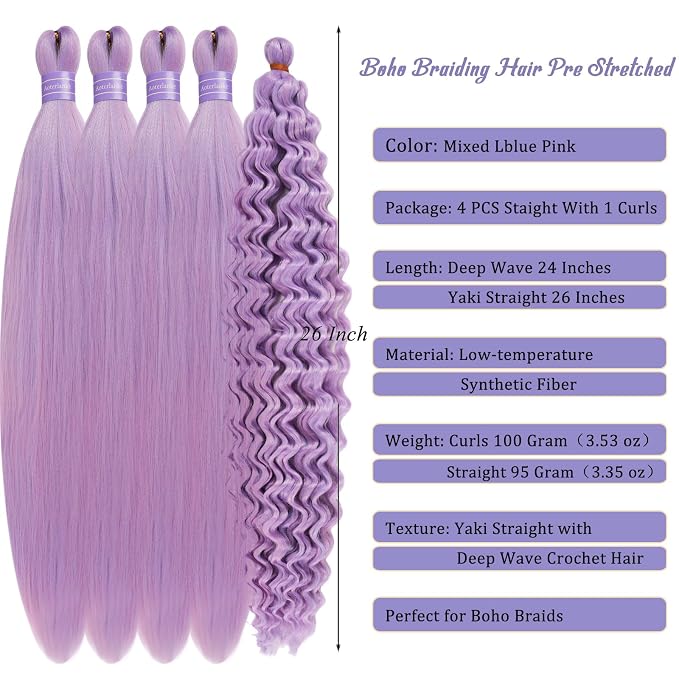 Mixed Lblue Pink Braiding Hair with Boho Curls