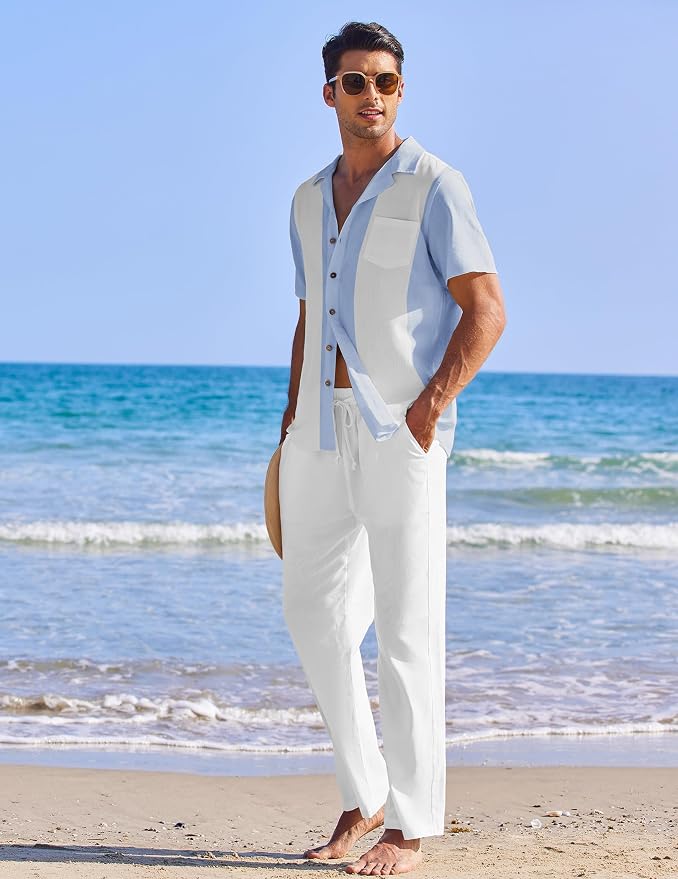Light Blue Patchwork White Shirt/White Pants
