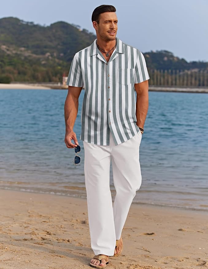 Grey Green Stripes Shirt/White Pants