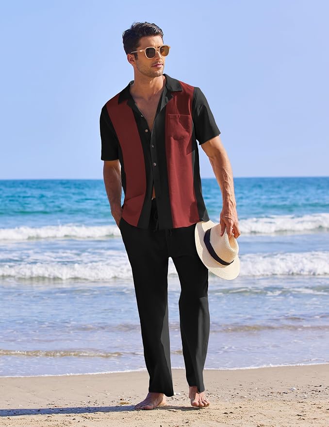 Black Patchwork Wine Red Shirt/Black Pants
