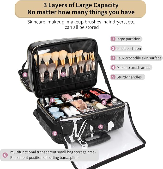 Black-with 3 Pcs Makeup Bags