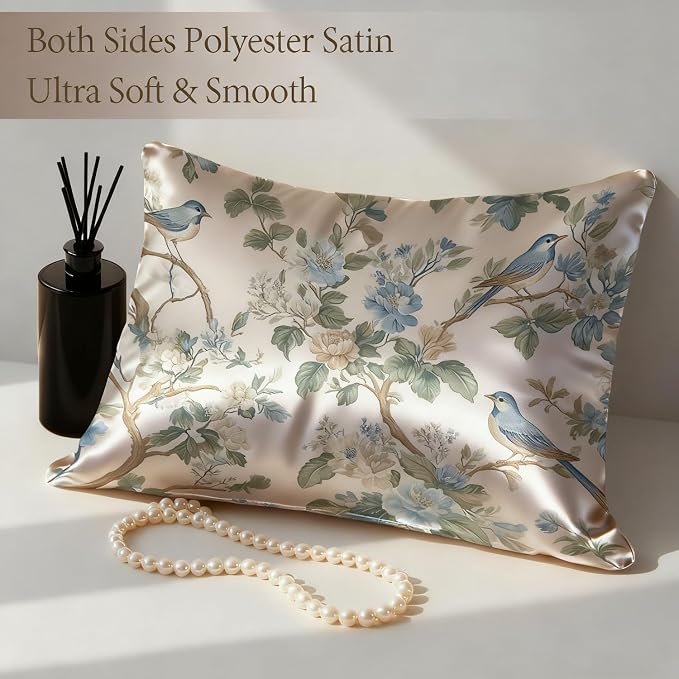 Abstract Blue Beige Floral and Bird