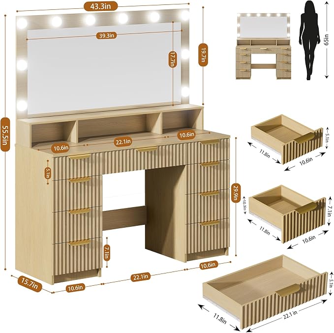 Oak With 9 Drawers & Large Mirror