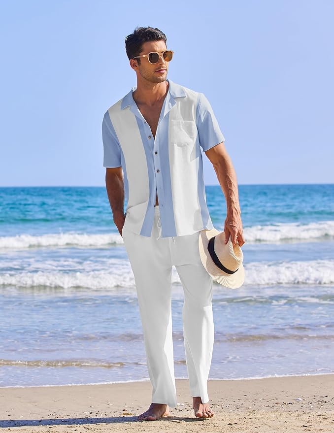 Light Blue Patchwork White Shirt/White Pants