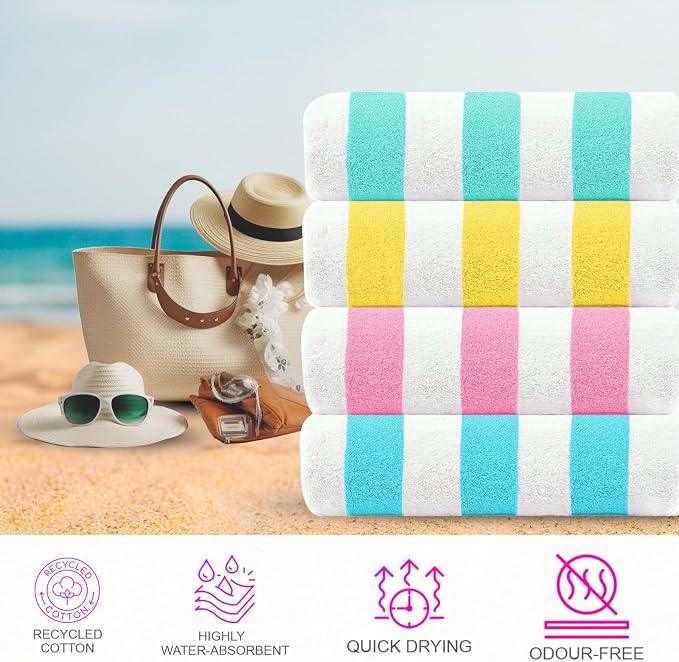 Cabana Beach Towel 4 Pieces, Teal, Lemon, Pink, Water Blue