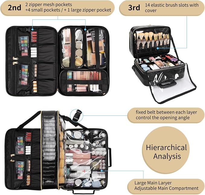 Black-with 3 Pcs Makeup Bags