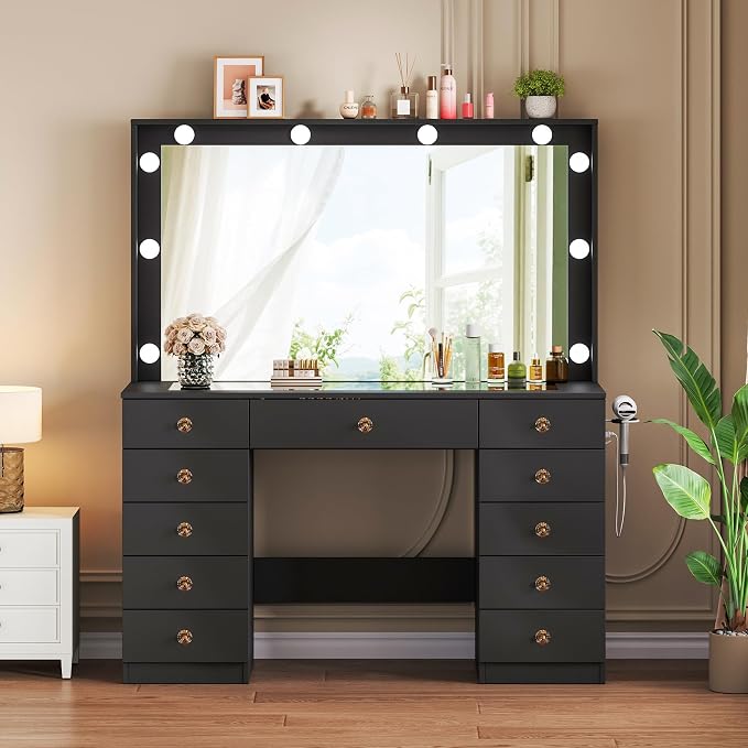 Black With Large Mirror & 11 Drawers