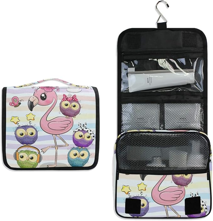 Cartoon Pink Flamingo And Five Owls