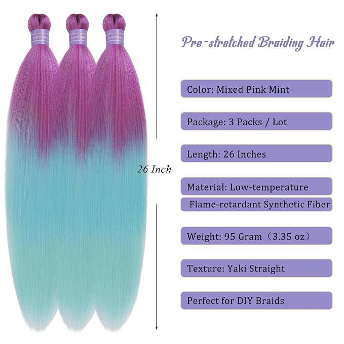 Pink and Mint Braiding Hair Pre Stretched