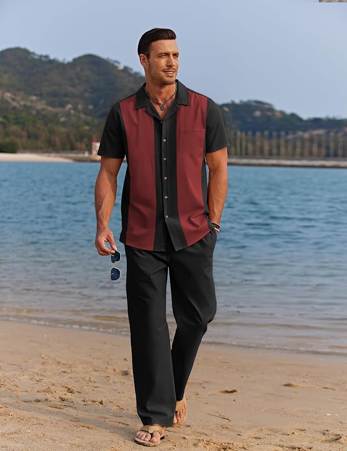 Black Patchwork Wine Red Shirt/Black Pants