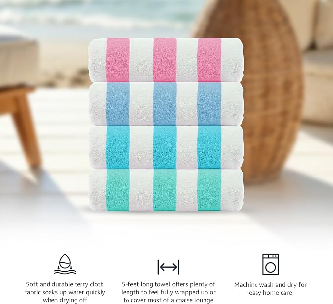 Cabana Beach Towel 4 Pieces, Pink, Sky Blue, Water Blue, Teal