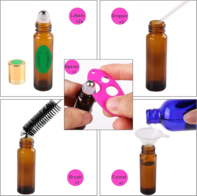 24 PACK Amber Roller Bottles