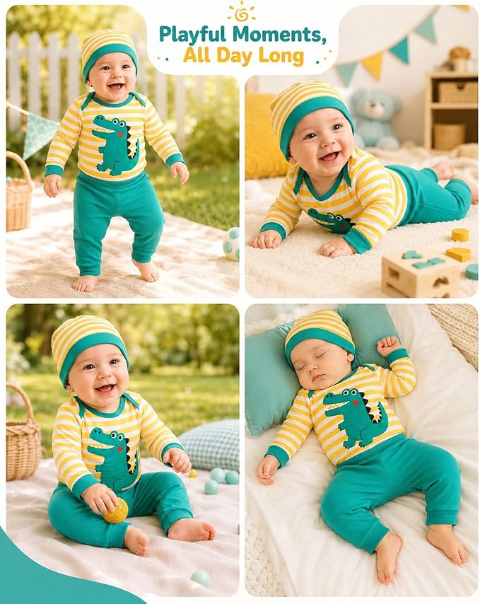 Teal Dinosaur Printed Stripe