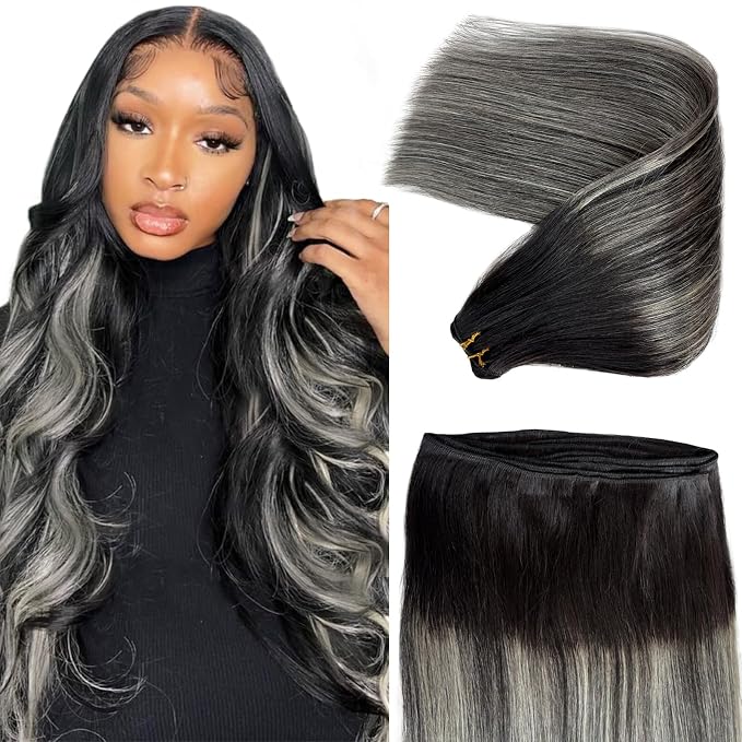 #1B Black to Silver Grey Balayage Weft