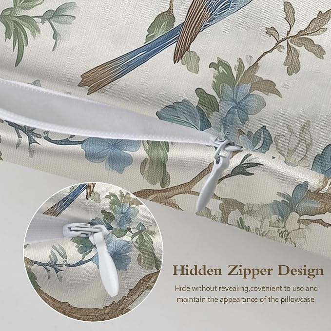 Abstract Blue Beige Floral and Bird