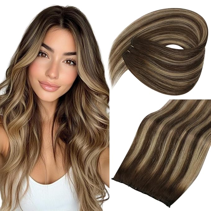 B-#4/4/27-Chocolate Brown Balayage Caramel Blonde