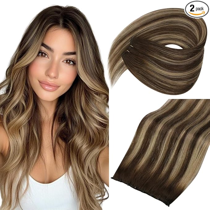 B-#4/4/27-Chocolate Brown Balayage Caramel Blonde
