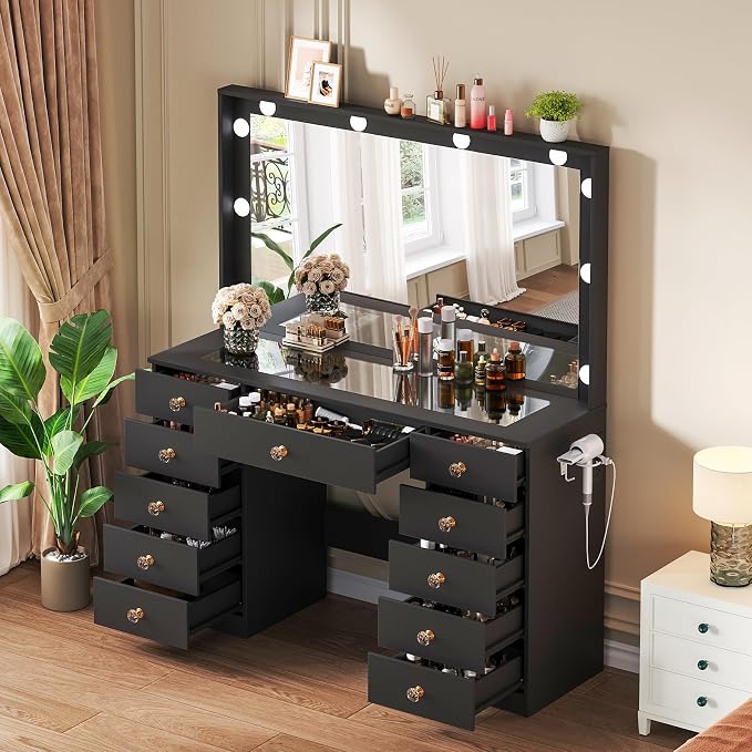Black With Large Mirror & 11 Drawers