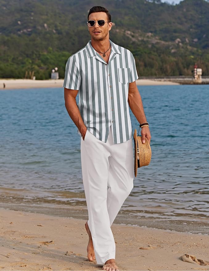 Grey Green Stripes Shirt/White Pants