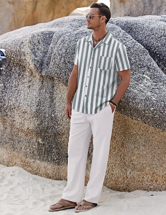 Grey Green Stripes Shirt/White Pants