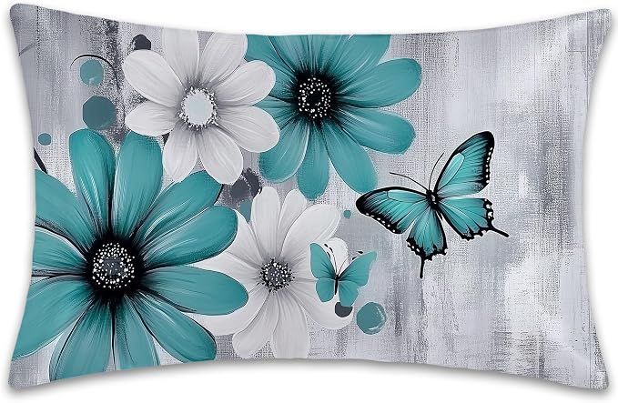 Teal and White Flowers Butterflies