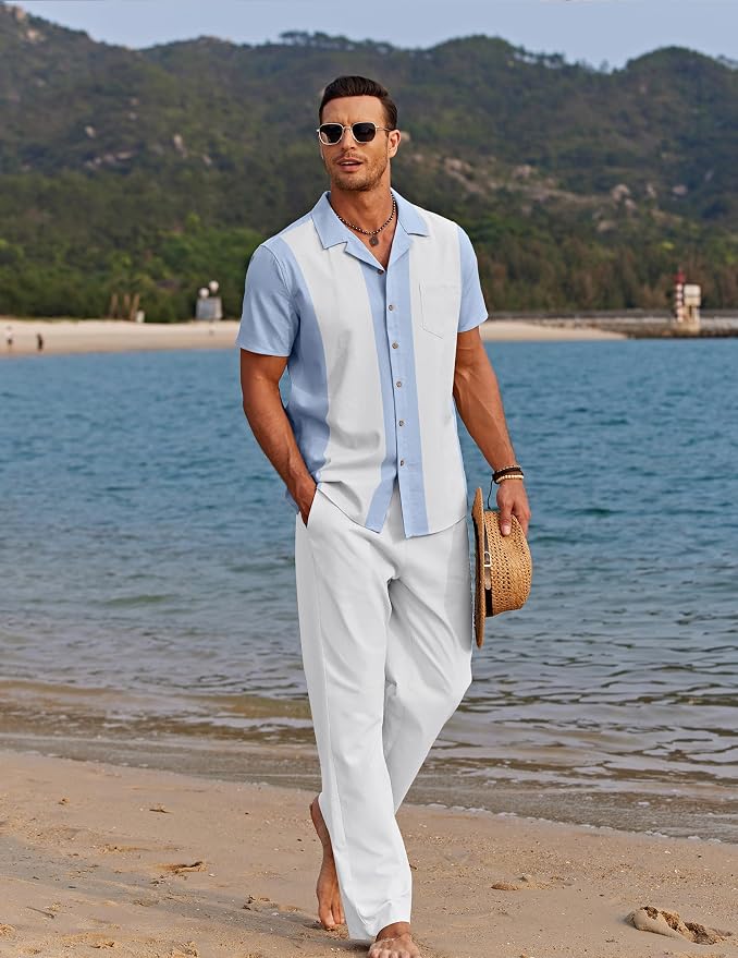 Light Blue Patchwork White Shirt/White Pants