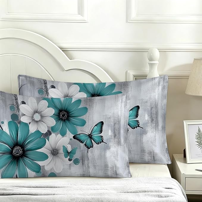 Teal and White Flowers Butterflies
