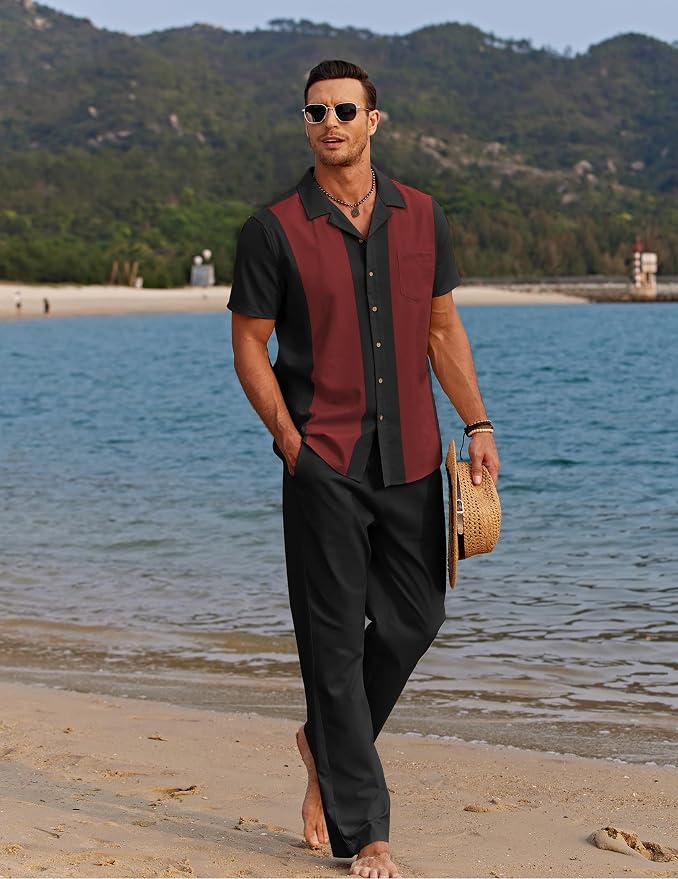 Black Patchwork Wine Red Shirt/Black Pants