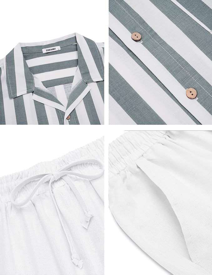 Grey Green Stripes Shirt/White Pants
